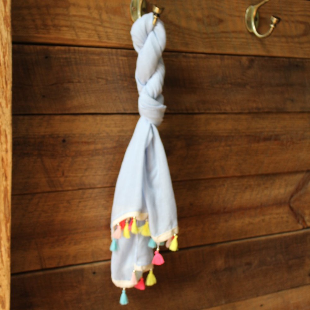 Sky blue lightweight scarf, colorful tassle fringe